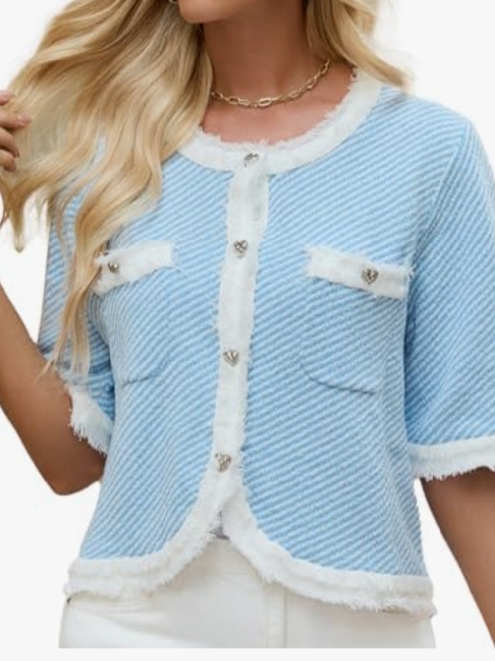 Blue and White Textured Cardigan